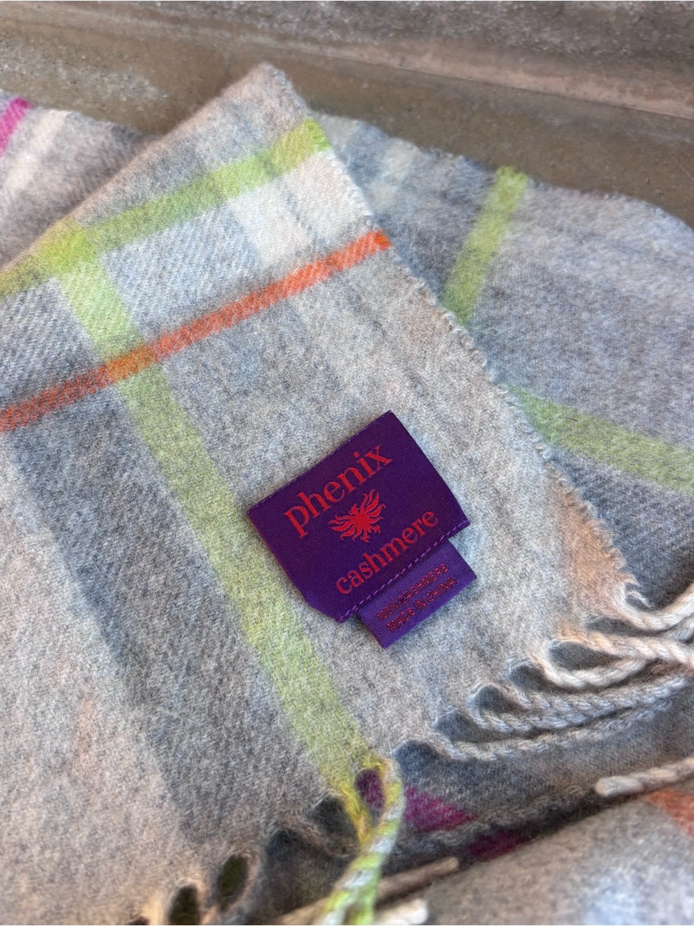 Phenix Gray Plaid Cashmere Scarf with Neon Accents